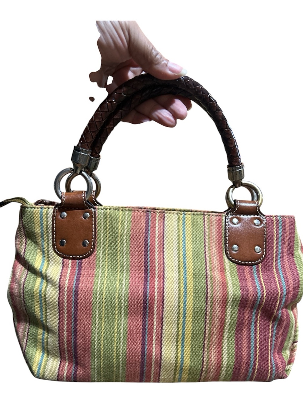 Vintage Fossil Striped Multicolor Canvas Tote Bag with Braided Handles